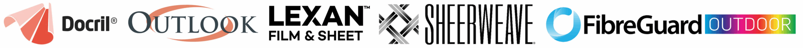 Fabric and component supplier logos: Docril, Outlook, Lexan, SheerWeave and FibreGuard Outdoor